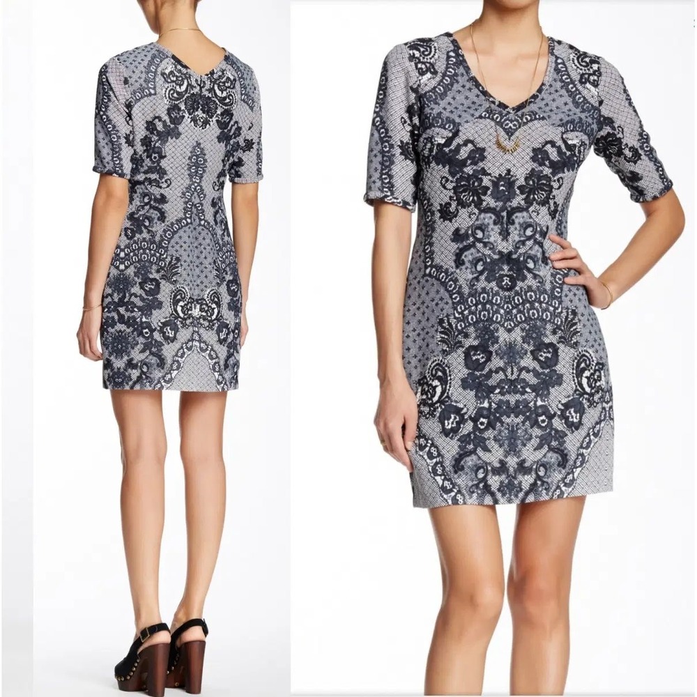 Yoana Baraschi Black Lace Print V-Neck Sheath Dress AD536 Womens Size 2‎